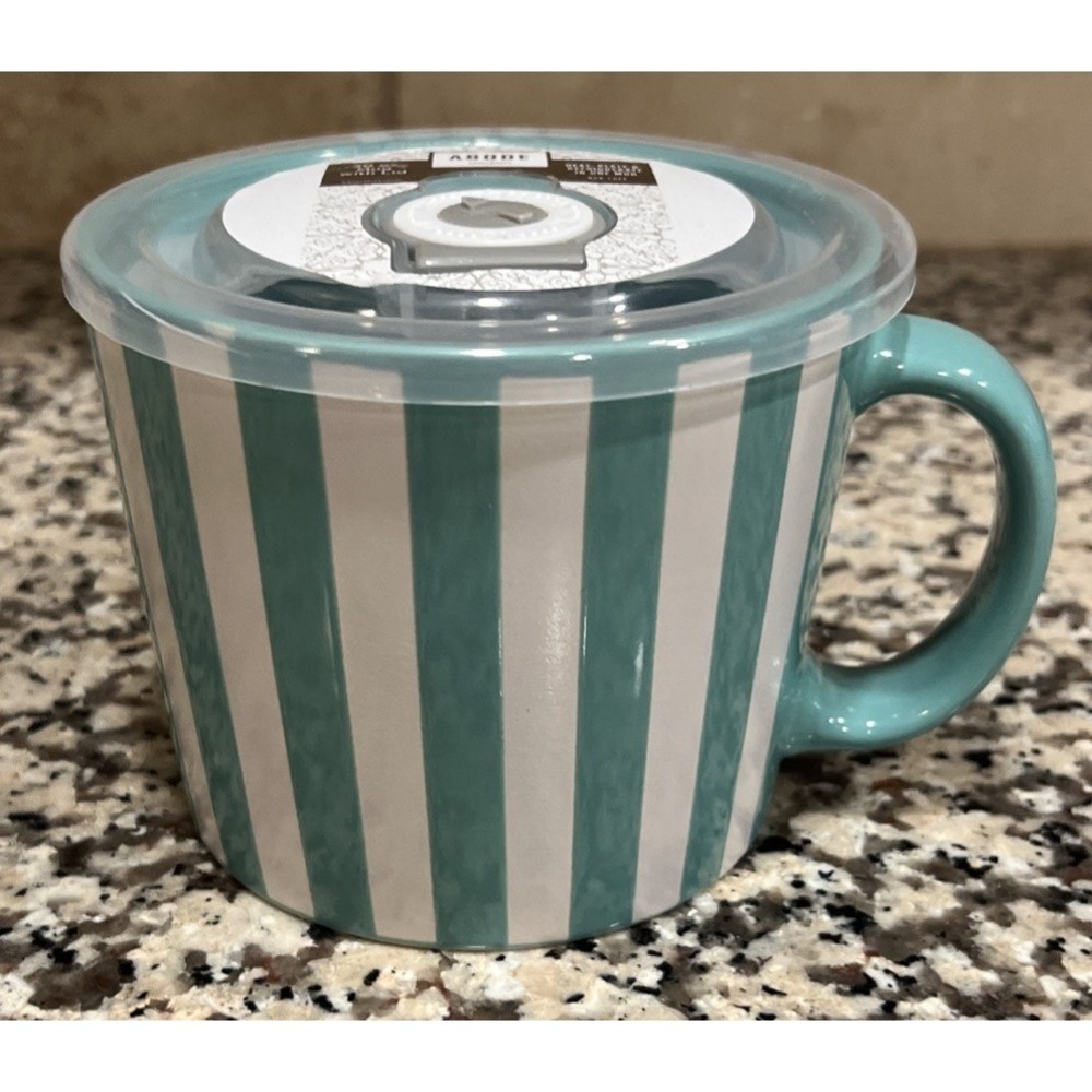New Abode 20oz Soup Mug With Lid Stoneware Green White Striped Heat Refrigerate